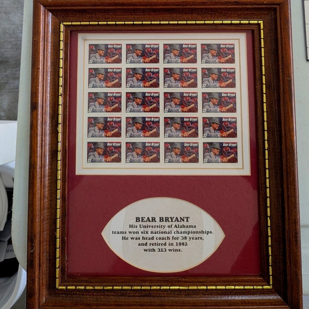 Paul "Bear" Bryant Commemorative Stamps (2 framed sheets and 1 Sheet of Stamps
